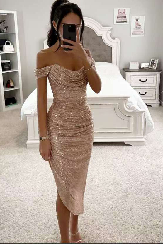 Sparkly Sheath Off the Shoulder Sweetheart Short Prom Dresses, Homecoming Dress OMH0314