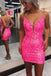 Sparkly Tight Hot Pink Sequins V neck Spaghetti Straps Homecoming Dress OMH0280