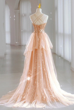 Sparkly A Line V Neck Spaghetti Straps Sweep Train Long Prom Dress With Slit OM0426