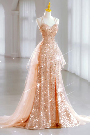 Sparkly A Line V Neck Spaghetti Straps Sweep Train Long Prom Dress With Slit OM0426