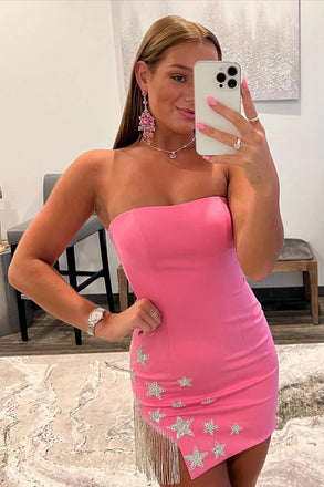 Tight Pink Strapless Homecoming Dress with Star and Fringes, Sleveless Cocktail Dress OMH0267