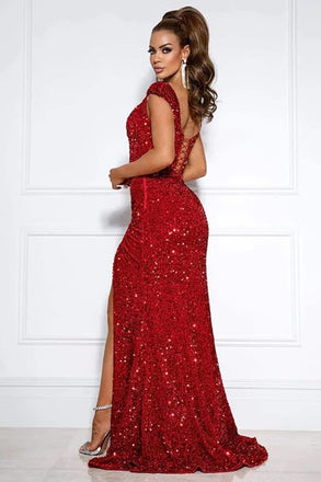Mermaid Off the Shoulder Red Velvet Sequins Slit Prom Dress With Lace Up OM0425