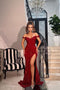 Mermaid Off the Shoulder Red Velvet Sequins Slit Prom Dress With Lace Up OM0425