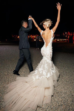 Charming Mermaid Tulle Off the Shoulder Long Sleeves Wedding Dress With Appliques Lace OW0160