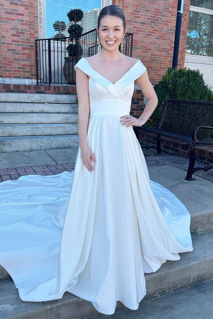 Simple A line White Satin V neck Wedding Dresses, Long Beach Wedding Gowns OW0140