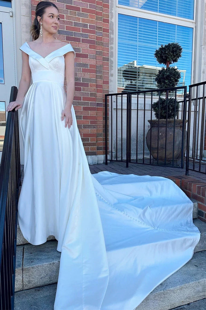 Simple A line White Satin V neck Wedding Dresses, Long Beach Wedding Gowns OW0140