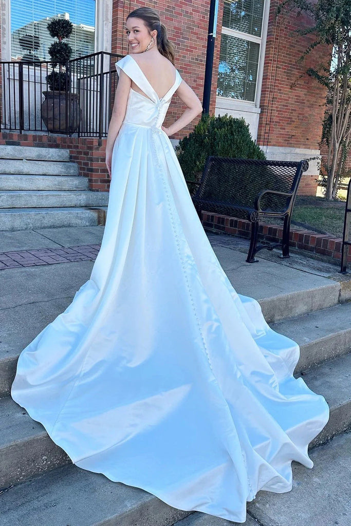 Simple A line White Satin V neck Wedding Dresses, Long Beach Wedding Gowns OW0140