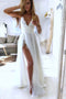 Simple White A Line Spaghetti Straps V Neck Tulle Beach Wedding Dresses, Bridal Dress OW0142