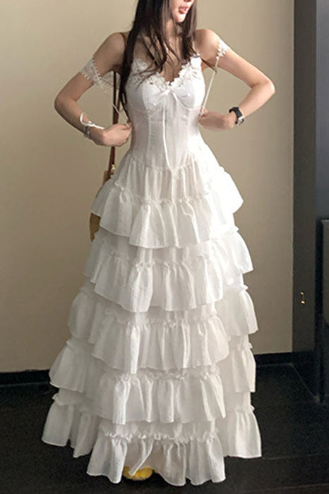 Simple Iovry Ruffled Zippered Cotton Spaghetti Strap Tiered V Neck Wedding Dress OW0163