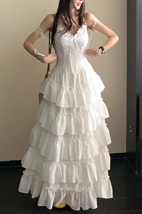Simple Iovry Ruffled Zippered Cotton Spaghetti Strap Tiered V Neck Wedding Dress OW0163