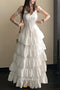 Simple Iovry Ruffled Zippered Cotton Spaghetti Strap Tiered V Neck Wedding Dress OW0163