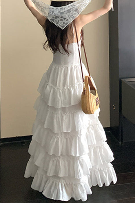 Simple Iovry Ruffled Zippered Cotton Spaghetti Strap Tiered V Neck Wedding Dress OW0163