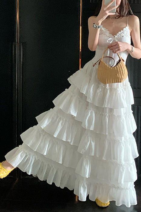 Simple Iovry Ruffled Zippered Cotton Spaghetti Strap Tiered V Neck Wedding Dress OW0163