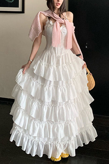 Simple Iovry Ruffled Zippered Cotton Spaghetti Strap Tiered V Neck Wedding Dress OW0163