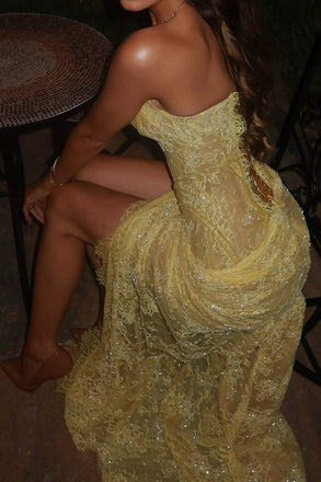 Sheath Yellow Lace Appliques Strapless Sweep Train Lace Prom Dress With Slit OM0454