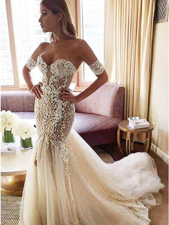 Mermaid Sweetheart Backless Court Train Wedding Dress with Lace Appliques PDR19