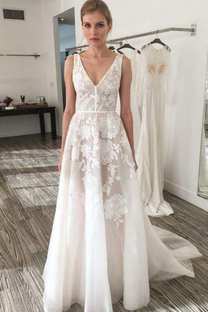 A-Line V-Neck Backless Sweep Train Ivory Wedding Dress with Appliques PDR20