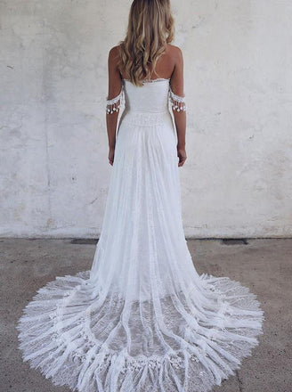 A-Line Off-the-Shoulder Lace White Beach Wedding Dress with Appliques PDF22