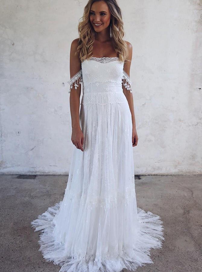 A-Line Off-the-Shoulder Lace White Beach Wedding Dress with Appliques PDF22
