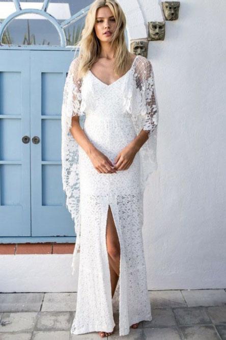 Sheath V-Neck Backless Wraps Lace Beach Wedding Dress with Split PDR34