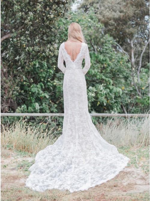 Mermaid V-Neck Backless Long Sleeves Lace Elegant Wedding Dress PDR35