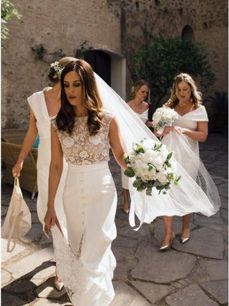 Sheath Bateau Cap Sleeves Sweep Train Lace Wedding Dress with Split PDR36