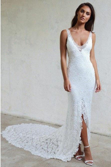 Mermaid V-Neck Backless Court Train Lace Wedding Dress with Split PDR38