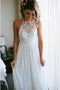 Charming A-Line Halter Backless Sweep Train White Lace Wedding Dress PDR40