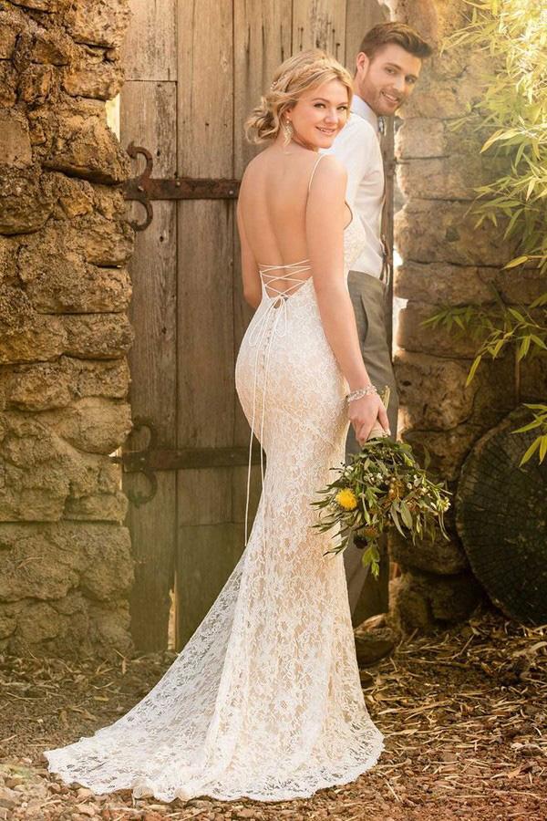 Mermaid Spaghetti Straps Backless Ivory Lace Wedding Dress PDL61