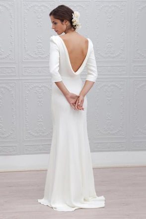 Simple Sheath Bateau Backless 3/4 Sleeves Sweep Train Beach Wedding Dress PDS35