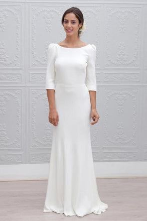 Simple Sheath Bateau Backless 3/4 Sleeves Sweep Train Beach Wedding Dress PDS35