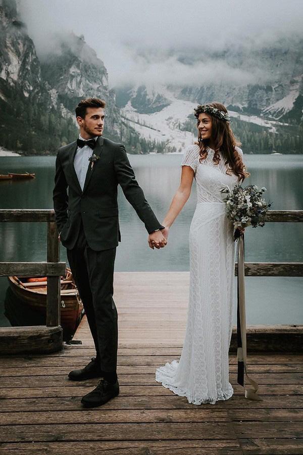 short sleeve beach wedding dresses Chiffon A-line Short Sleeves Boho Wedding Dresses, Lace Wedding Gown, MW838