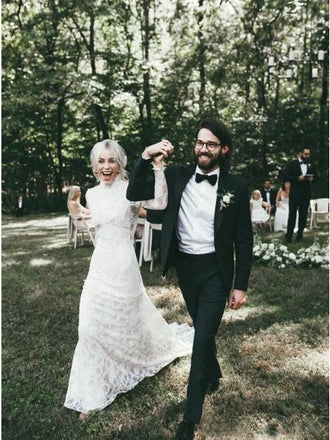 Mermaid High Neck Backless Long Sleeves Boho Lace Wedding Dress PDL48