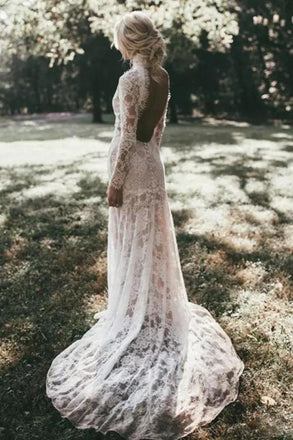 Mermaid High Neck Backless Long Sleeves Boho Lace Wedding Dress PDL48