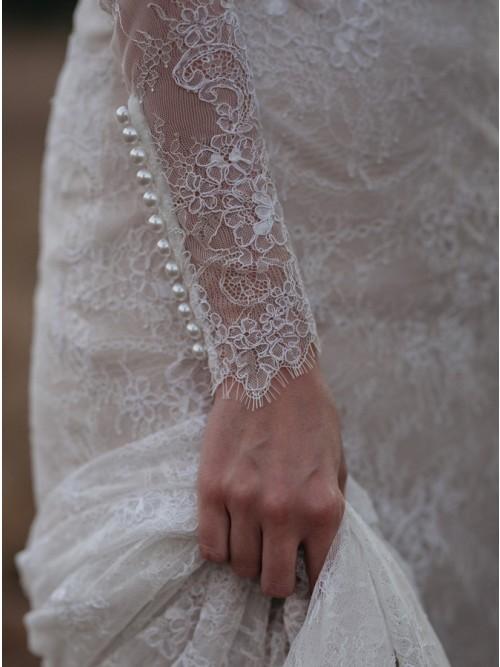 Mermaid Jewel Long Sleeves Lace Wedding Dress with Pearls PDL16