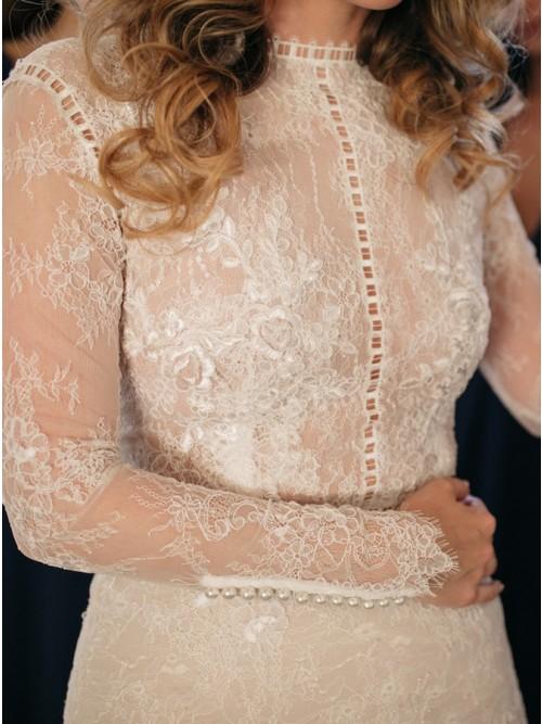 Mermaid Jewel Long Sleeves Lace Wedding Dress with Pearls PDL16