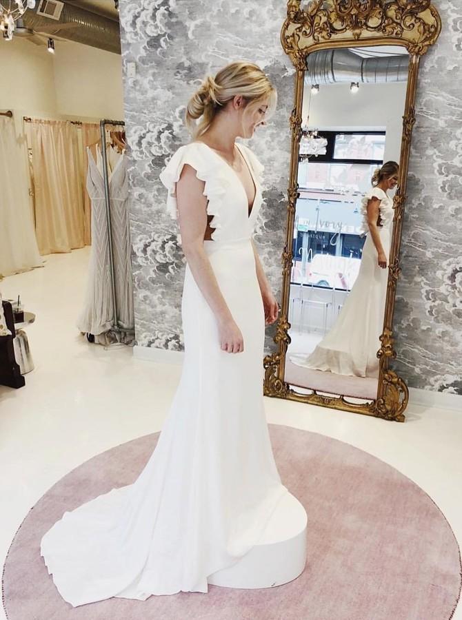 Mermaid V-Neck Cap Sleeves Backless Wedding Dress with Ruffles PPD27