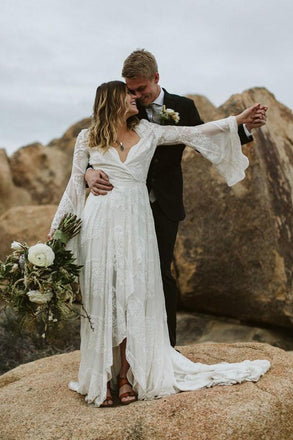 A-Line V-Neck Bell Sleeves Sweep Train Lace Wedding Dress with Split PPD23