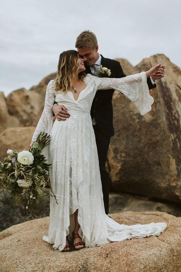 A-Line V-Neck Bell Sleeves Sweep Train Lace Wedding Dress with Split P trendtydresses A-Line V-Neck Bell Sleeves Sweep Train Lace Wedding Dress with Split P trendtydresses