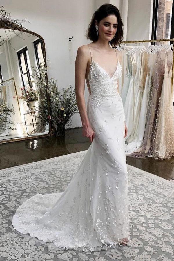 Mermaid Spaghetti Straps Sweep Train Appliqued Wedding Dress PPD24