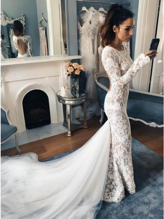 Mermaid Crew Long Sleeves Illusion Back Lace Wedding Dress PDL15