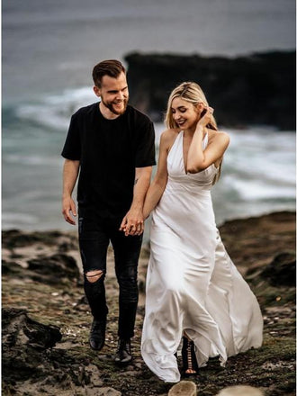 Sheath V-Neck Sweep Train Ivory Simple Wedding Dress Bridal Gown PDL11