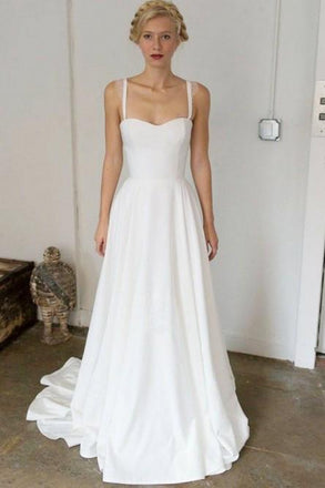 A-Line Spaghetti Straps Sweep Train Satin Simple Wedding Dress PDR74