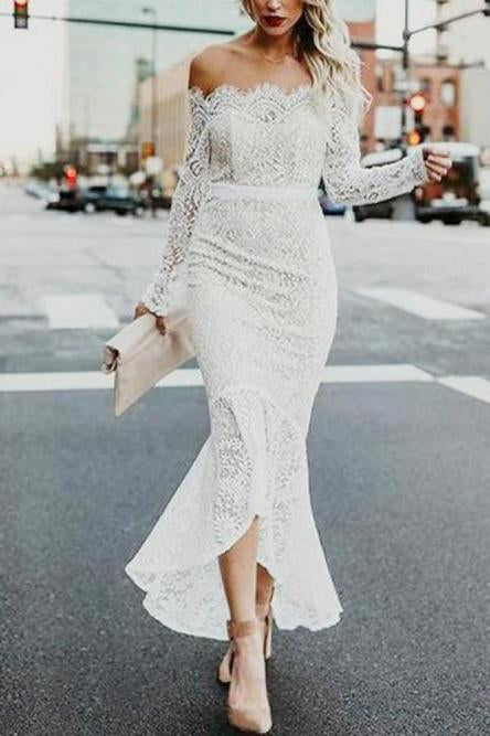 Mermaid Off-the-Shoulder Long Sleeves High Low Lace Beach Wedding Dress PDR81