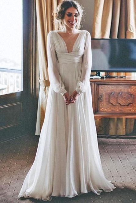 A-Line V-Neck Long Sleeves Floor Length Chiffon Beach Wedding Dress PDR79