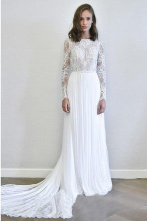 A-Line Long Sleeves Chiffon Long Simple Wedding Dress with Lace PDR78