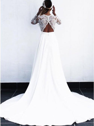 A-Line V-Neck Open Back Long Sleeves Wedding Dress with Lace Appliques PDR82