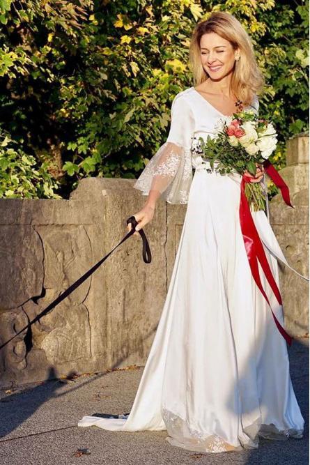 A-Line V-Neck V Back 3/4 Sleeves Satin Boho Wedding Dress with Lace PDS27