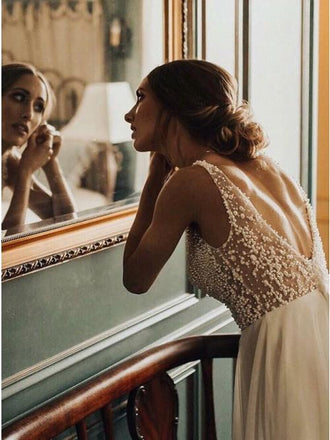 A-Line V-Neck Backless Sweep Train Tulle Sexy Wedding Dress with Pearls PDS37