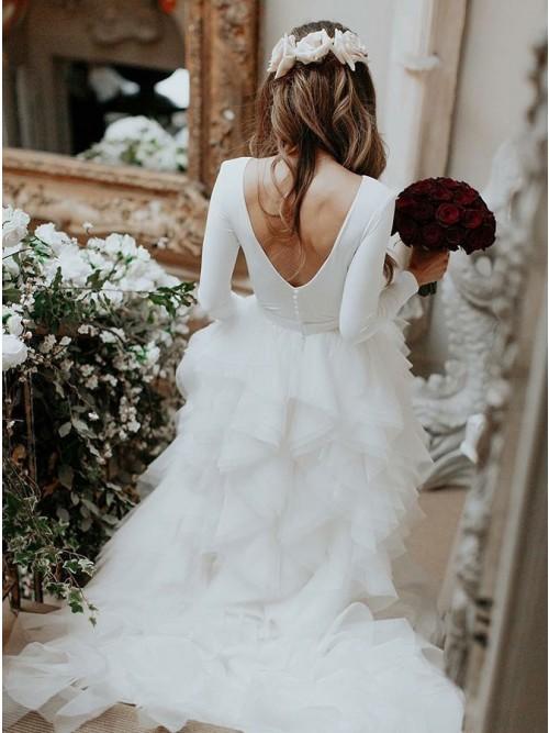 A-Line Bateau Long Sleeves Ruffles Tulle Elegant Wedding Dress PDS30